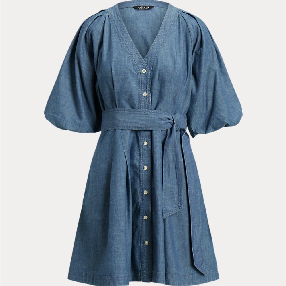 Ralph Lauren Belted Denim Bubble-Sleeve Shirtdress
